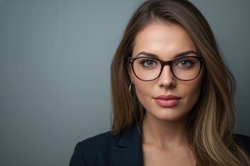 Fototapeta premium Portrait of confident stylish woman with long hair wearing glasses against a plain background conveying self-assuredness and elegance in expression.