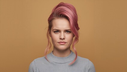 Young woman with pink hairstyle displaying a serious expression against a plain background, representing a blend of youthful and mature emotions.