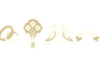 Elegant wedding symbols set with interlocking rings, floral bouquet, and kissing doves
