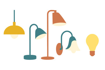 Colorful set of various indoor lighting fixtures and a bright glowing electric light bulb
