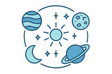 Stylized icon of the solar system showing the sun, orbiting planets, moon, and stars