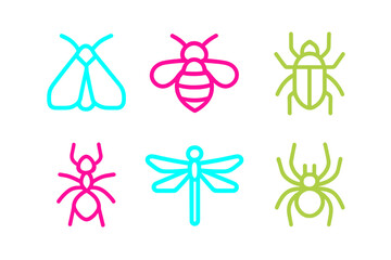 Colorful neon outline symbols of common garden insects and arachnids
