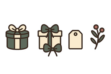 Assortment of decorative holiday gift boxes, bows, blank tag, and winter berry branch