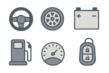 Flat design collection of essential automotive parts and dashboard elements icons