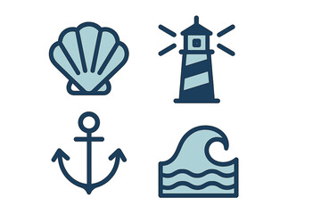 Marine and nautical symbols featuring seashell, lighthouse, anchor, and ocean wave