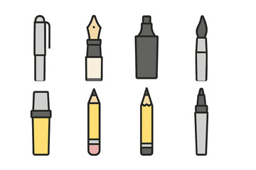 Collection of writing and drawing instruments including pens, pencils, markers, and a paintbrush set