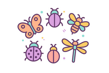 Colorful set of cute cartoon insect icons including butterfly bee and ladybug