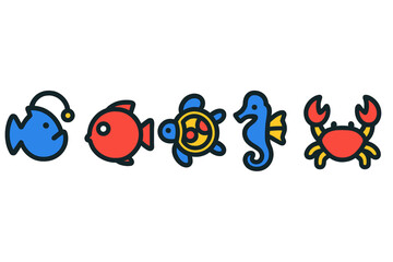 Colorful graphic set of five sea animals: fish, turtle, seahorse, and crab icons