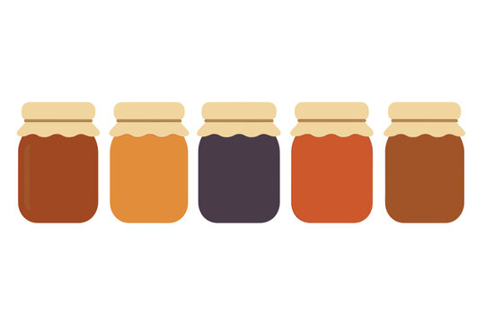 Horizontal row of five glass jars containing fruit preserves and sweet honey