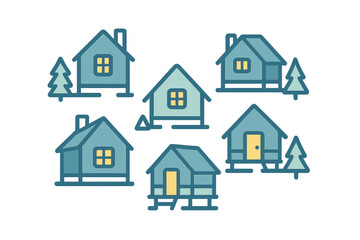 Set of simple blue and teal residential house icons with accompanying pine trees