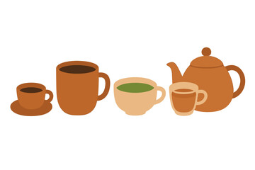 Assortment of hot beverages: coffee, tea, and matcha served in various cups and a teapot