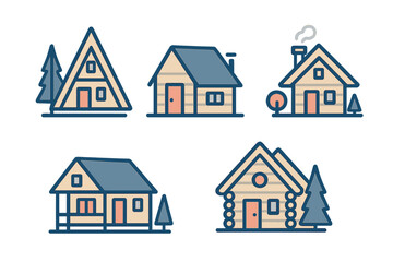 Set of five different styles of rustic wooden cabins and lodges surrounded by trees