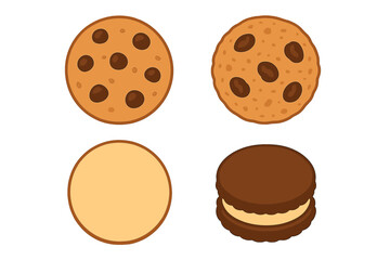 Assortment of sweet dessert cookies including chocolate chip, plain biscuit, and dark chocolate sandwich