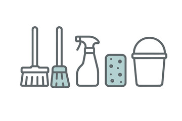 Set of household cleaning equipment icons including brooms, spray bottle, sponge, and bucket