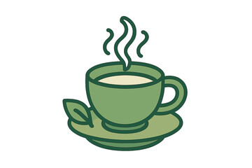 Stylized graphic depiction of a steaming green tea cup on a saucer with a decorative leaf detail