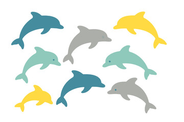 Fototapeta premium Stylized dolphins swimming together in various shades of blue, gray, and yellow