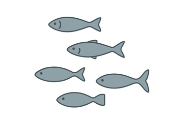 Fototapeta premium Minimalist design of five small gray fish swimming in formation on a plain background