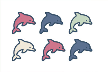 Six jumping dolphin icons featuring simple shapes and a muted color palette for ocean themes