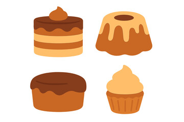 Collection of four sweet desserts including layered cake bundt cake and frosted cupcake