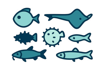 Set of simple aquatic animal icons featuring different types of fish, a stingray, and a pufferfish