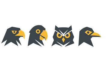 Geometric stylized bird heads collection featuring eagle, parrot, owl, and raven icons