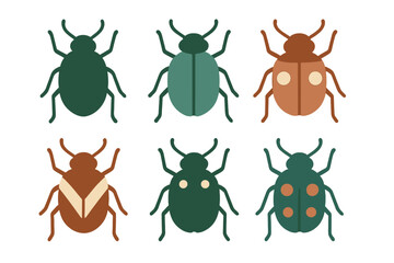 Six stylized beetles and bugs collection in earthy colors on white background