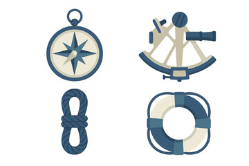 Set of essential nautical navigation and safety equipment including compass sextant rope and lifebuoy