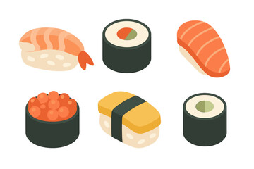 Set of Japanese sushi and maki rolls including nigiri in isometric flat design