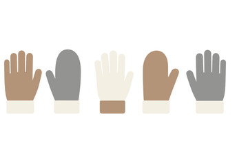 Assortment of warm winter handwear including gloves and mittens in various neutral colors