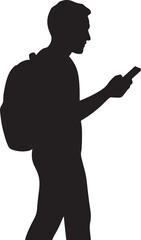 Silhouette of a young man walking while looking at his smartphone carrying a backpack isolated on white background