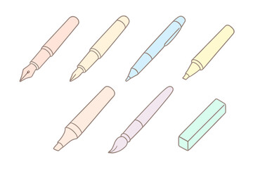 Isometric set of pastel colored writing instruments and drawing tools including pens and brushes