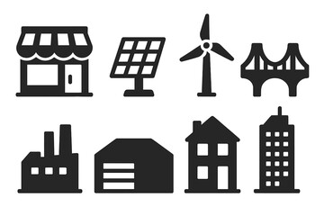 Collection of essential urban infrastructure and sustainable energy symbols in black