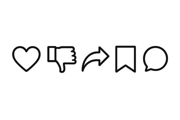 Social media engagement icons set featuring like, dislike, share, save, and comment symbols
