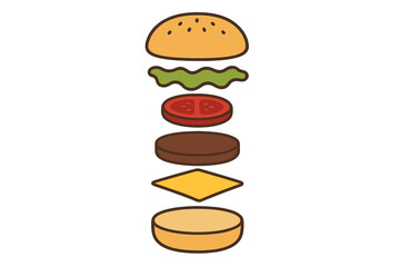 Deconstructed cheeseburger ingredients floating in the air showing layers of meat, cheese, and vegetables
