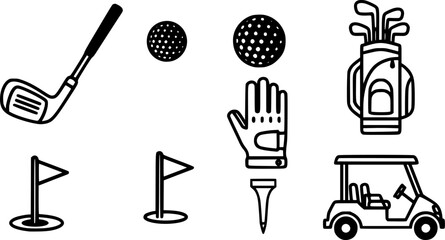 golf equipment icons set featuring clubs, gloves, and flags in flat style