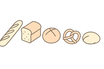 Variety of baked goods including bread loaves, baguette, and pretzel arranged in a line