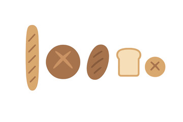Assortment of fresh baked goods including baguette, rustic round loaf, and sliced toast bread