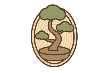 Traditional Japanese miniature tree in a decorative oval badge design with earthy colors
