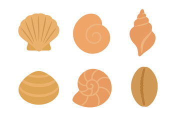 Six different types of stylized seashells and marine mollusks isolated on a white background