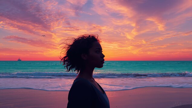 Silhouette of a woman against a vibrant sunset sky on the shoreline with waves gently lapping at the beach and a distant ship in the background