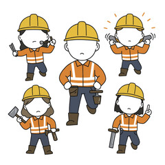 Set of cute cartoon construction worker characters in various poses.