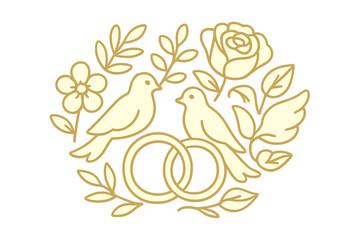 Elegant gold motif with lovebirds, intertwined wedding rings, and delicate floral elements