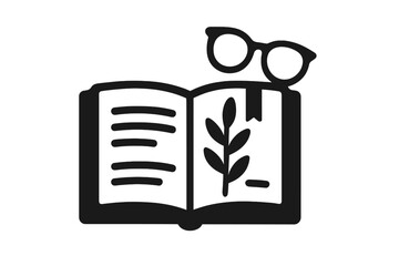 Open book with reading glasses and botanical sprig symbolizing knowledge and learning