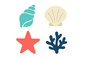 Stylized set of sea elements including conch shell, scallop shell, starfish, and deep blue coral
