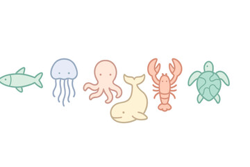 Pastel colored set of marine animals including fish jellyfish octopus whale lobster and sea turtle
