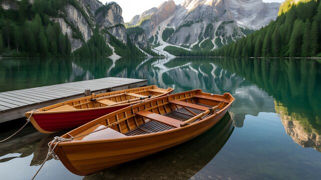 Two wooden rowboats moored to a dock on a clear mountain lake with reflections water - Powered by Adobe
