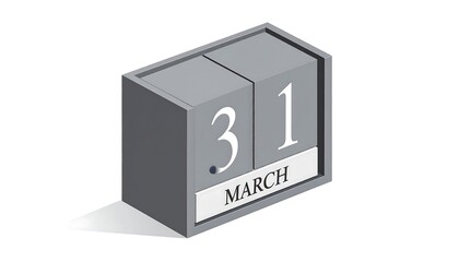 Isometric gray calendar block showing the date March 31st, against a white background, with a slight shadow cast to the right