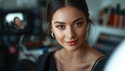 Young woman with makeup smiling at camera while professional beauty vlogger records tutorial in well-equipped beauty studio with cosmetic products visible