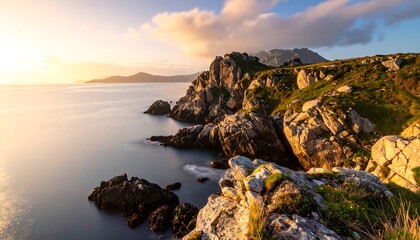 Coastal vista, warm sunset light painting the scene. Rugged cliffs meet serene sea. Gentle waves touch the rocks. Distant mountains visible