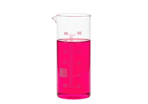 Isolated view of a laboratory beaker filled with pink liquid for scientific experiment